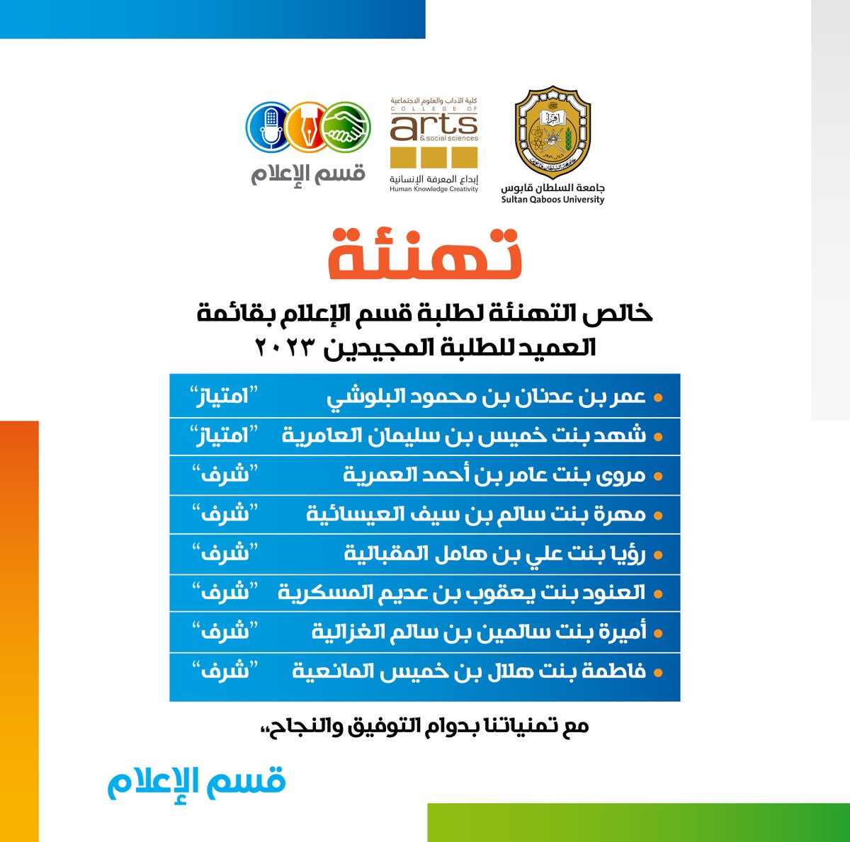 خالص التهنئة لطلبة قسم الإعلام بقائمة العميد للطلبة المجيدين ٢٠٢٣ 🌹🌹🌹⭐️⭐️⭐️🎉🎉🎉🎈🎈🎈😍😍😍🇴🇲🇴🇲