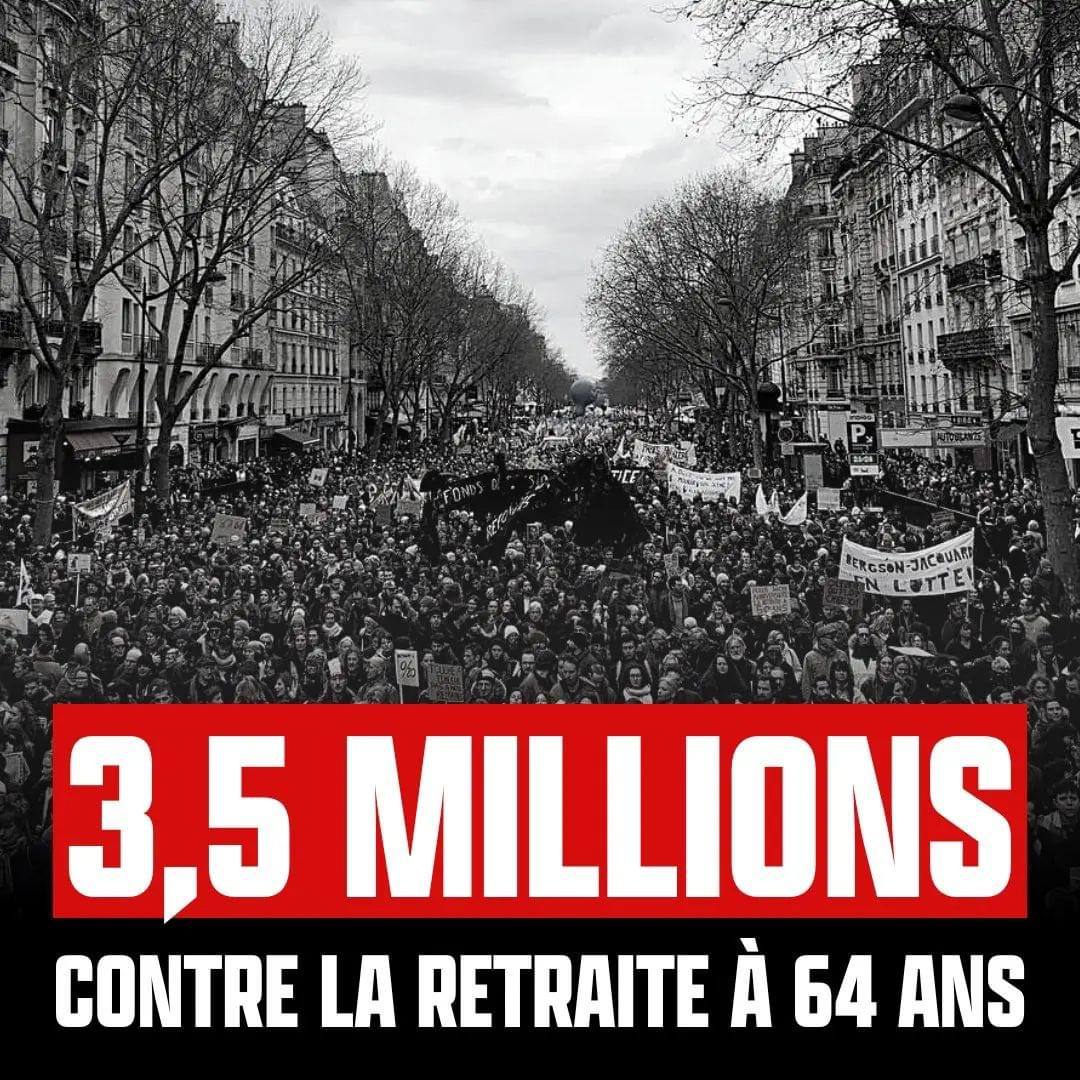 MathildePanot's tweet photo. Un seuil historique de mobilisation a été franchi.

3,5 millions de manifestantes et manifestants contre l'égo de Macron ! 

Son entêtement doit cesser.

Demain, on continue pour le #8mars et jusqu'au retrait !

#ReformeDesRetraites #grevedu7mars https://t.co/G9XGzAcjF1