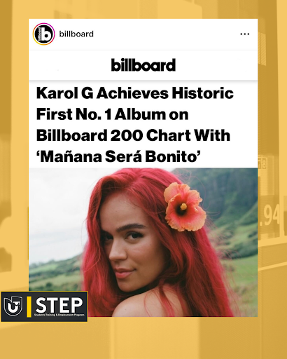 StepUnivision's tweet image. Welcome to #STEPMusic! We start today’s segment with Karol G’s incredible news of achieving first No. 1 album on Billboard 200 chart with her newest album 💿🎶