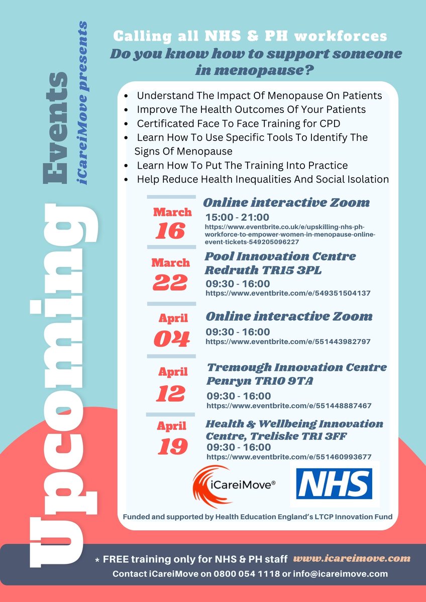 movemoreCor's tweet image. Free menopause training in Cornwall &amp;amp; Isles of Scilly for NHS and Public Health employees. info@icareimove.com eventbrite.com/cc/menopause-t…
@ciosicb @CornwallFT @NHS_CIOSCHS @CFTstaffhealth @CFTWorkforce