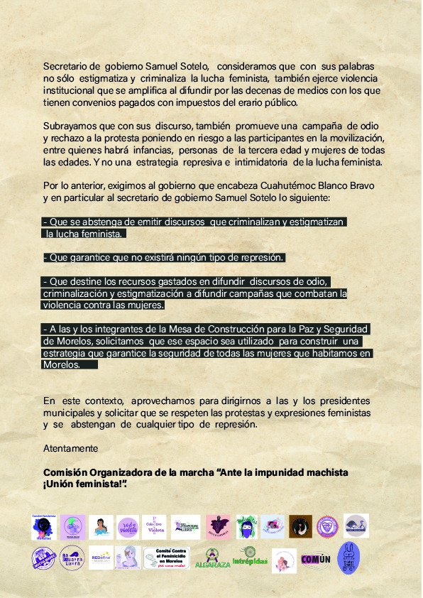 CirculoMorelos's tweet photo. Colectivas feministas exigen al Poder Ejecutivo que se frene la criminalización y estigmatización de la lucha feminista así como cero represión en la marcha del #8Marzo. https://t.co/UYE4hSnGVB