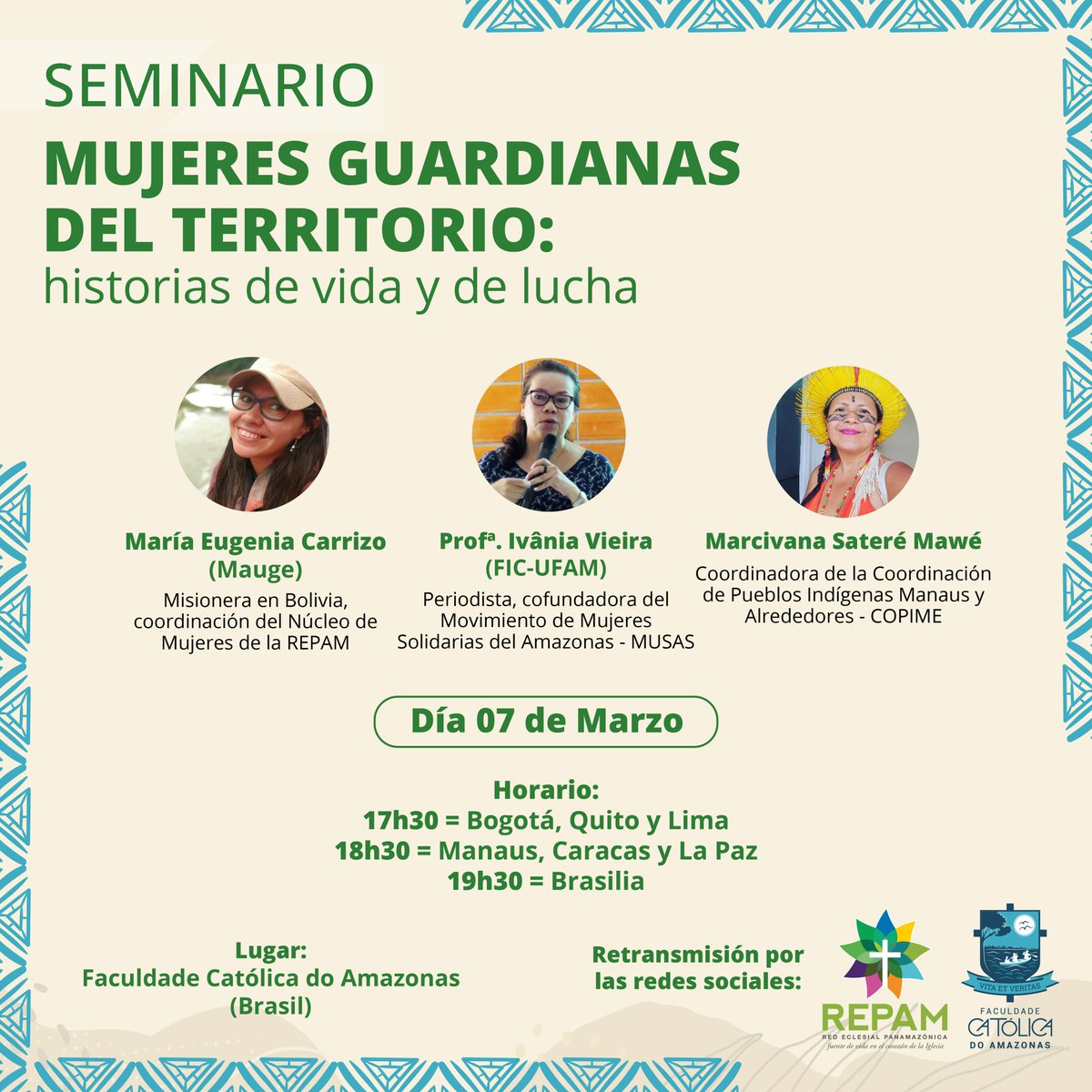 repam_amazonia's tweet photo. ¡🅷🅾🆈!

🌳🏹 𝚂𝚎𝚖𝚒𝚗𝚊𝚛𝚒𝚘

𝐌𝐮𝐣𝐞𝐫𝐞𝐬 𝐆𝐮𝐚𝐫𝐝𝐢𝐚𝐧𝐚𝐬 𝐝𝐞𝐥 𝐓𝐞𝐫𝐫𝐢𝐭𝐨𝐫𝐢𝐨: 𝐡𝐢𝐬𝐭𝐨𝐫𝐢𝐚𝐬 𝐝𝐞 𝐯𝐢𝐝𝐚 𝐲 𝐝𝐞 𝐥𝐮𝐜𝐡𝐚

📆 𝑫í𝒂 7 𝒅𝒆 𝑴𝒂𝒓𝒛𝒐 https://t.co/oze59TWEou