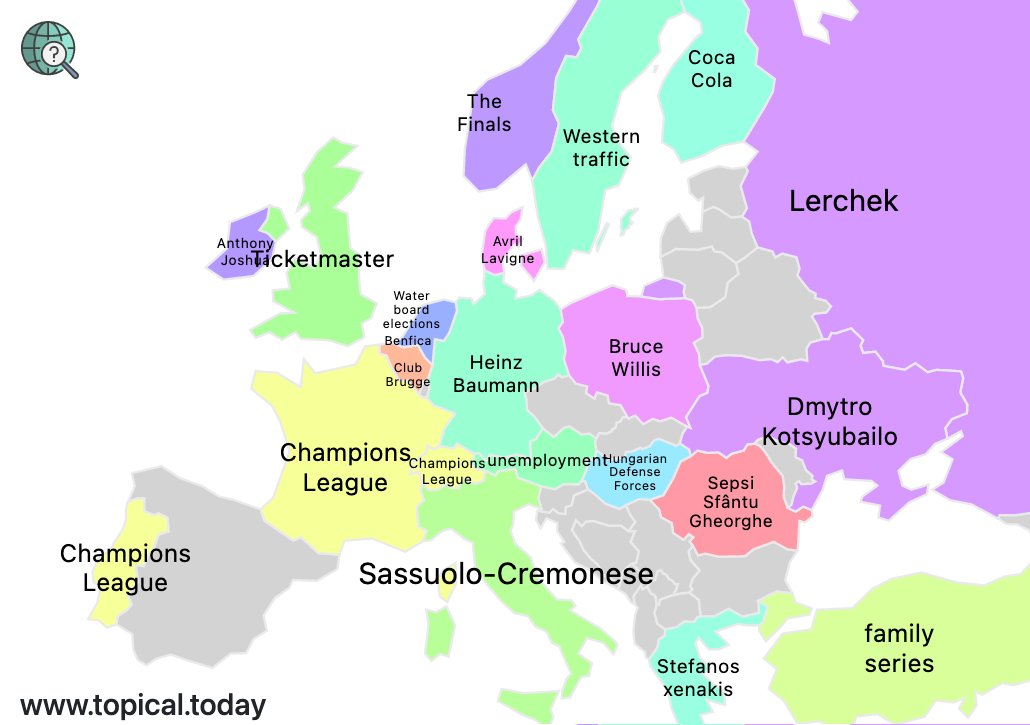 TopicalMaps's tweet image. Top Google Trends in Europe by country today. 

#AvrilLavigne #ChampionsLeague #BayernvsPSG #Neymar 

More info at topical.today/regions/europe