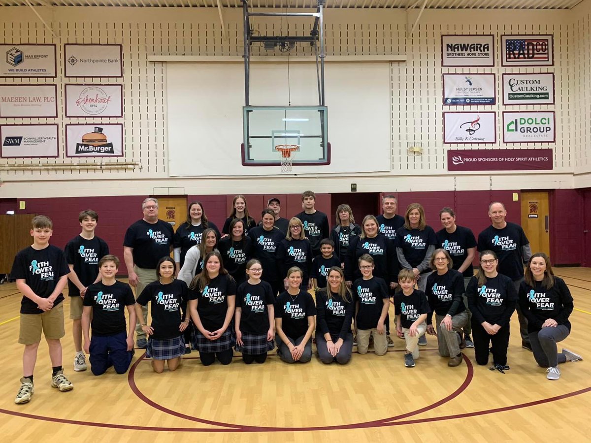HSSchoolGR's tweet photo. We are blessed to support HS alum, Gabe, who is a senior at WC in his battle with a Desmoid tumor. We held a staff free throw contest to raise funds for research. The Spirit was alive as students cheered for Gabe who beat all our staff members &amp; won the contest! FAITH OVER FEAR! https://t.co/i5gWmbCk7m