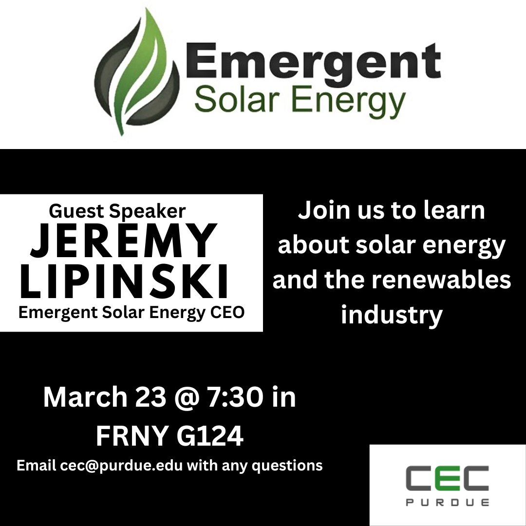 We are extremely excited to be hosting @emergent_solar! Come to learn more about solar technology and the business in Indiana. This event highlights a unique approach in the renewable's industry and how @LifeAtPurdue students can be involved. #solar #purdueuniversity #indiana