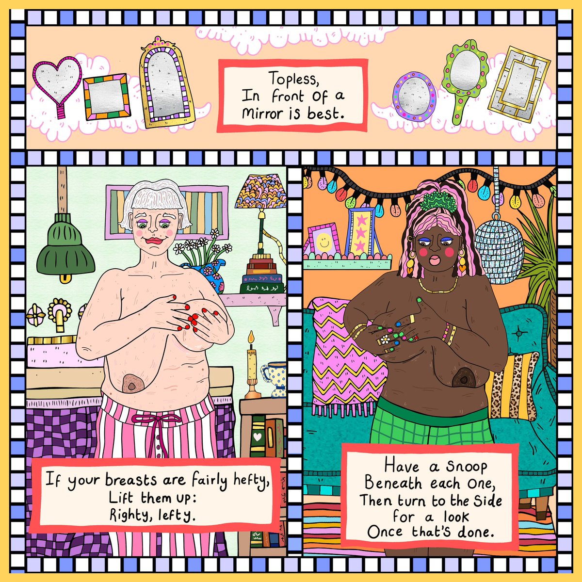 Liz_ORiordan's tweet photo. ⭐️ 💜 This Is The Way To Examine Your Chest 💜 ⭐️ 
Breast Surgeon Dr Liz O’Riordan, poet Laura Bradford and artist Ellamae Statham are delighted to share their collaboration creation. 
If you are a national or local charity or organisation and you would like to share it, @totallytellingtales (Instagram)