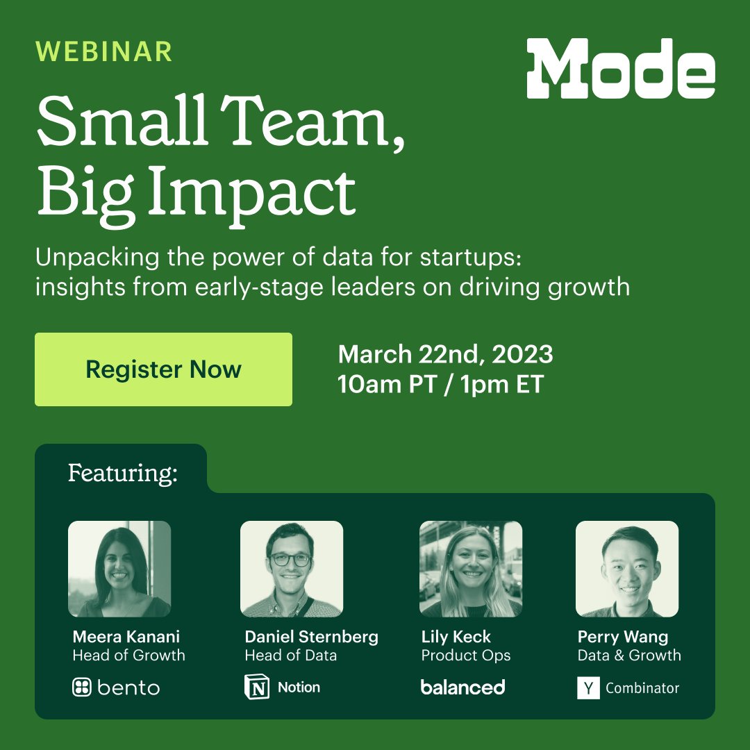 How do you make big impact with a small data team? 

Join us Wed. March 22nd @ 10 pm PT/1 pm ET to hear from an all-star lineup of data &amp; growth leaders on how they've scaled the impact of data within their orgs.

RSVP here ➡️ smallteambigimpact0322.splashthat.com