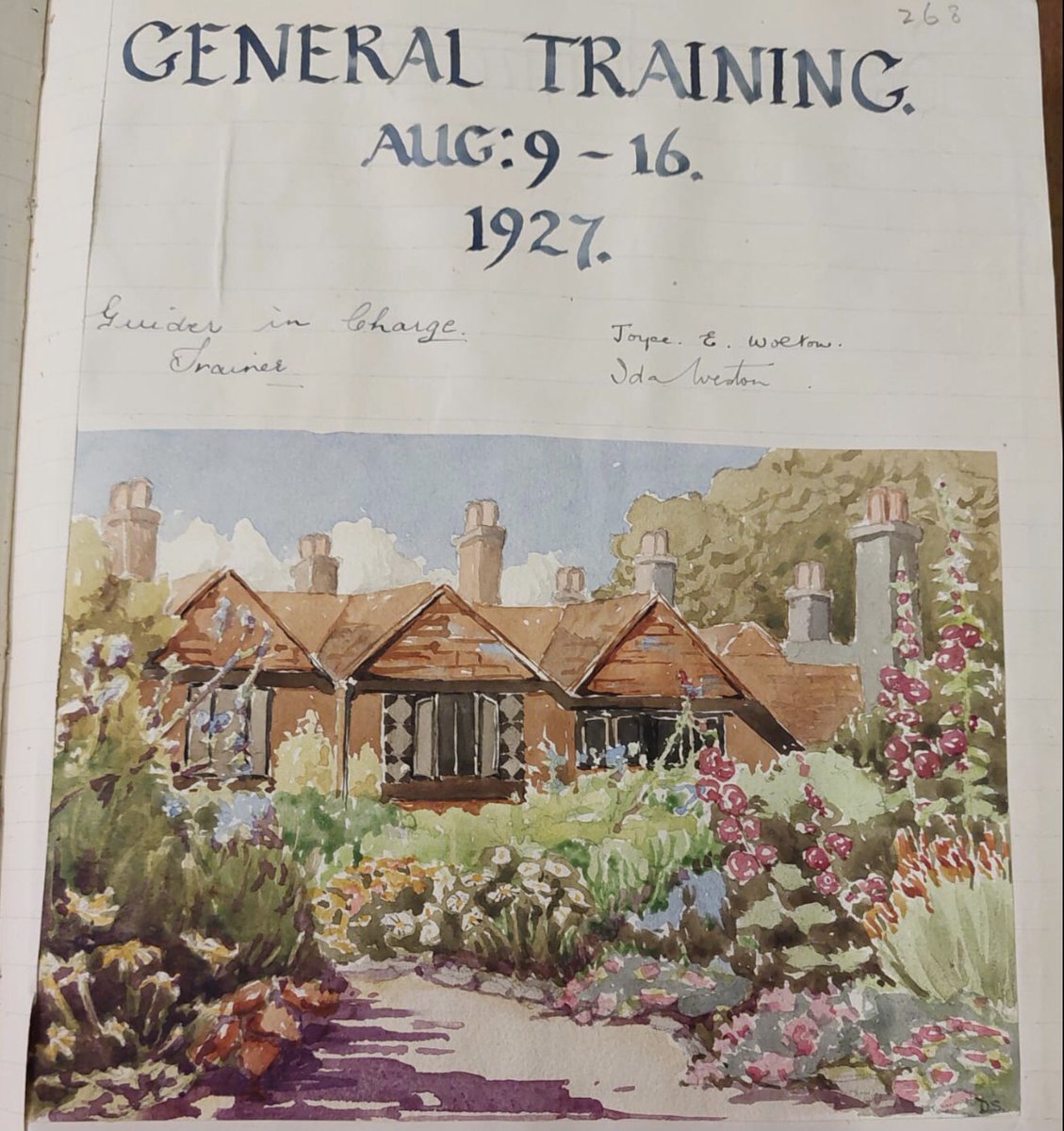 Check out this beautiful watercolour page from a Foxlease logbook!🖼 Did you know that Baden-Powell used to sleep in one of the rooms pictured here?