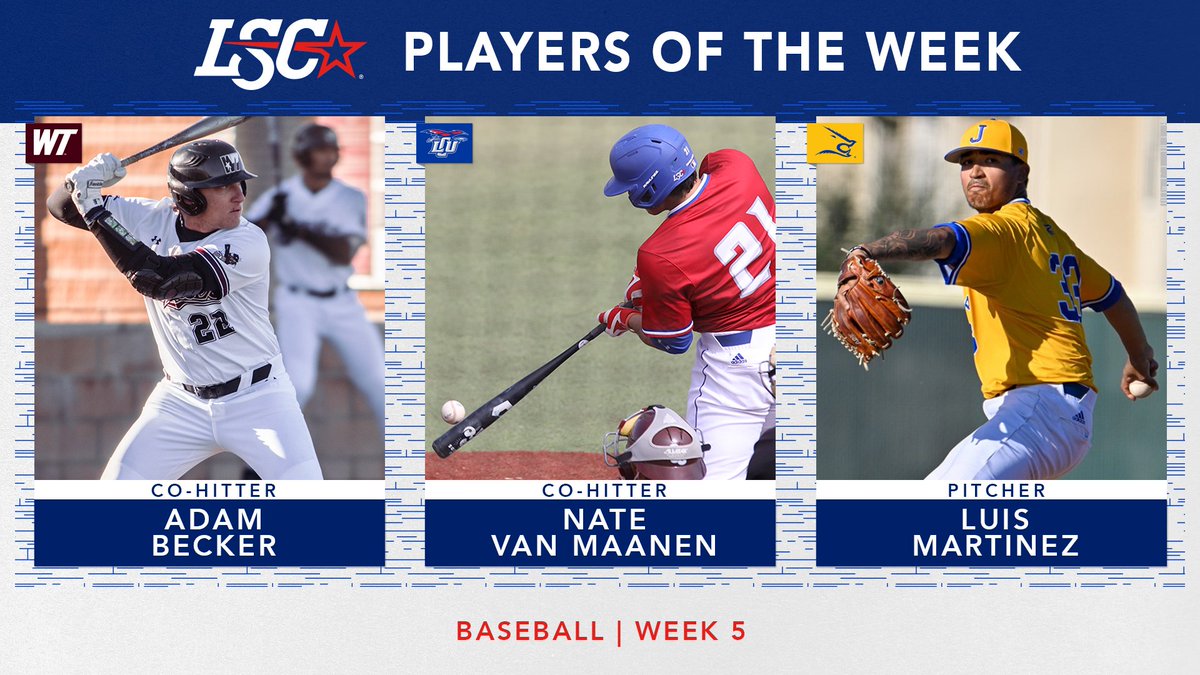 LoneStarConf's tweet photo. #LSCbb Players of the Week
Co-Hitter: Adam Becker, @WTBuffNation
Co-Hitter: Nate Van Maanen, @LCUCHAPS
Pitcher: Luis Martinez, @JavelinaSports
π https://t.co/QI2QJu7cbA
#D2BB https://t.co/IGU881Z8Kb