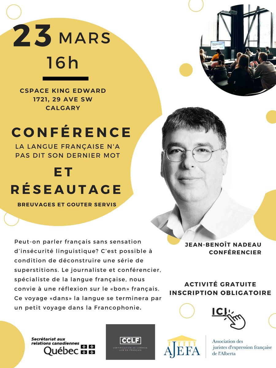 AJEFA's tweet photo. Participez à la conférence et au réseautage organisé en collaboration avec @CCLF_uOttawa 23 mars au @cspaceprojetcts à 16h. 

Activité gratuite. Inscrivez-vous https://t.co/QOhNRQG2Bm

Cette soirée est rendue possible grâce au Secrétariat du Québec aux relations canadiennes
#frab https://t.co/QyihdxuI7q