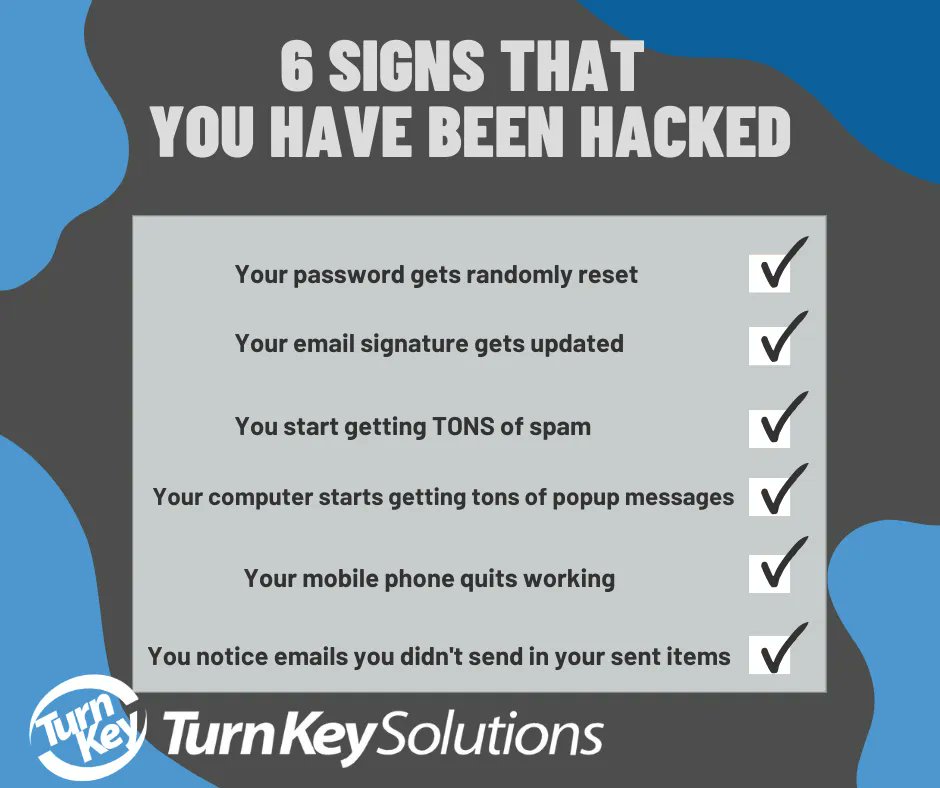 TKSLLC's tweet image. Have you ever wondered if your accounts have been hacked? Here are six signs that may indicate that your accounts have been compromised. If you notice any of these signs, it&apos;s important to take immediate action. #tks #Cybersecurity #HackingAwareness buff.ly/3kiIV…