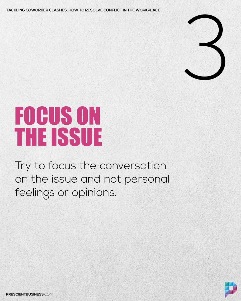 HelloPrescient's tweet photo. Don't let disagreements between coworkers bring down your workplace. Follow these tips to resolve conflict and keep everyone on the same page. (Thread 1/2)
#PrescienBusiness #ConflictResolution #Teamwork #HumanResources #WorkEthics https://t.co/Olz0RjPXh2
