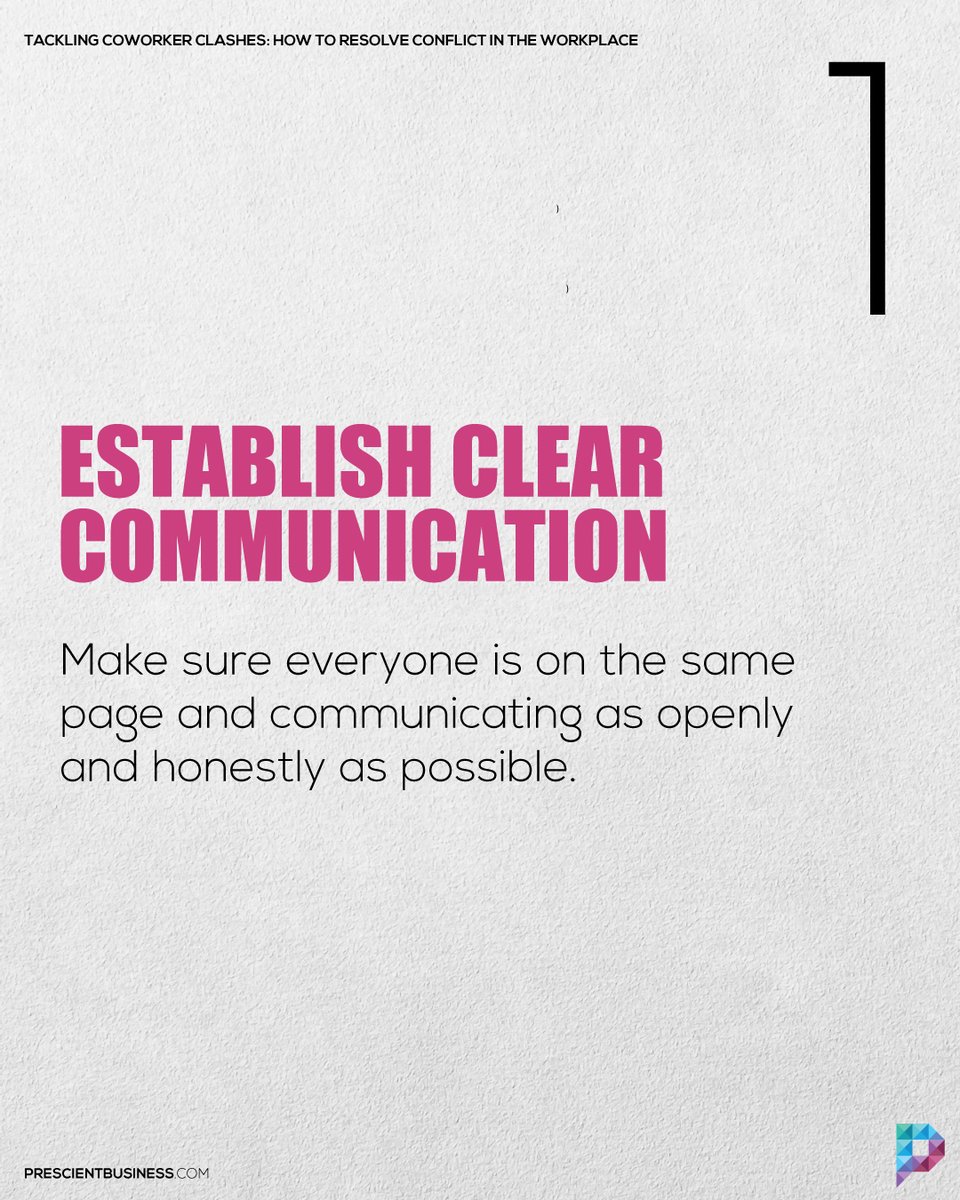 HelloPrescient's tweet photo. Don't let disagreements between coworkers bring down your workplace. Follow these tips to resolve conflict and keep everyone on the same page. (Thread 1/2)
#PrescienBusiness #ConflictResolution #Teamwork #HumanResources #WorkEthics https://t.co/Olz0RjPXh2