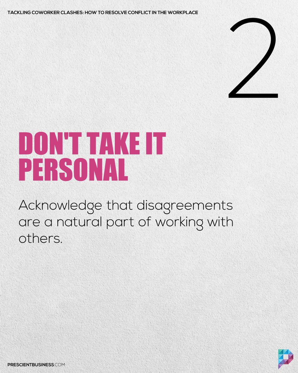 HelloPrescient's tweet photo. Don't let disagreements between coworkers bring down your workplace. Follow these tips to resolve conflict and keep everyone on the same page. (Thread 1/2)
#PrescienBusiness #ConflictResolution #Teamwork #HumanResources #WorkEthics https://t.co/Olz0RjPXh2