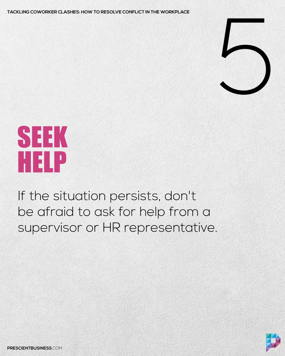 HelloPrescient's tweet photo. Don't let disagreements between coworkers bring down your workplace. Follow these tips to resolve conflict and keep everyone on the same page. (Thread 2/2)
#PrescienBusiness #ConflictResolution #Teamwork #HumanResources #WorkEthics https://t.co/NF2XCnMYJE
