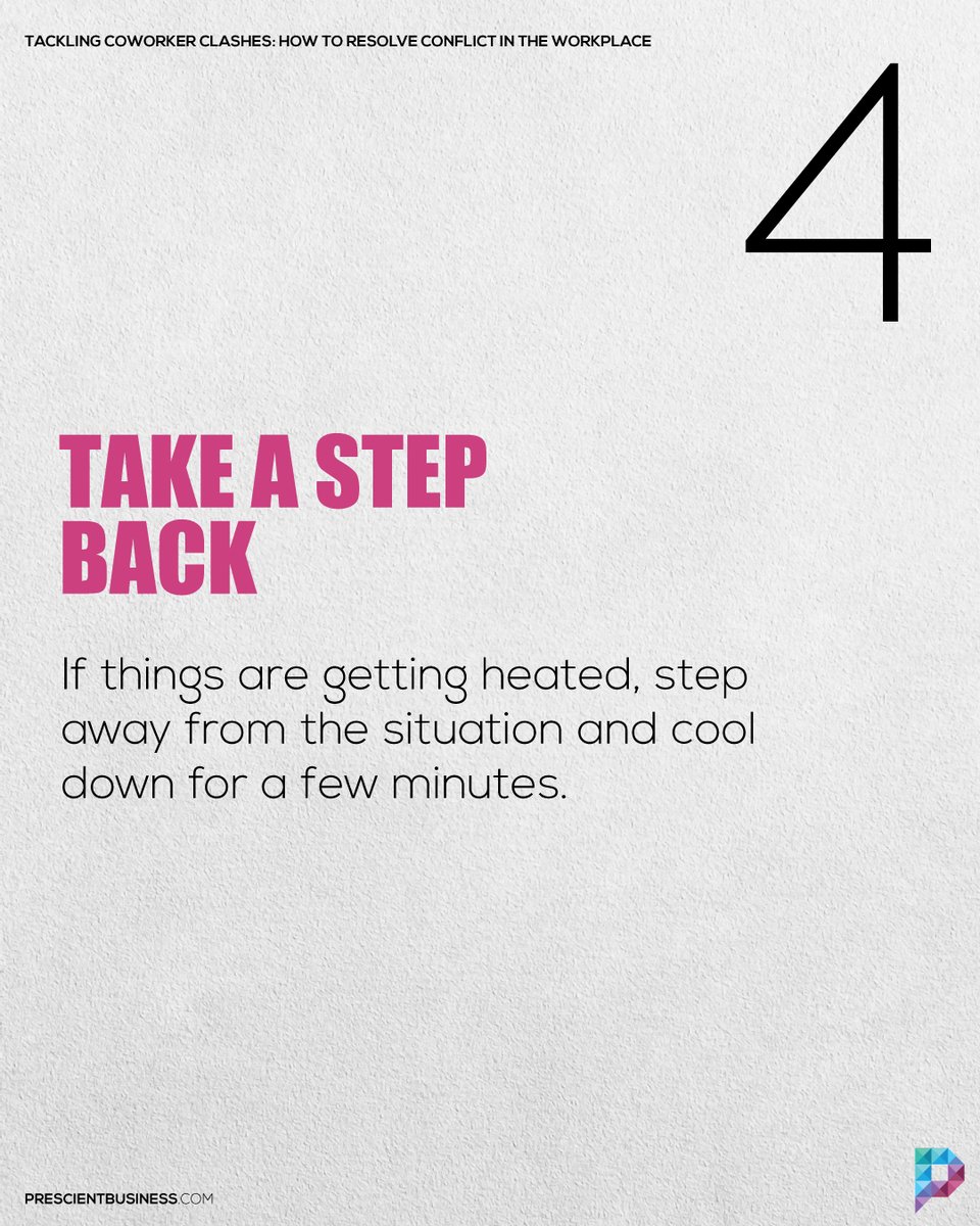 HelloPrescient's tweet photo. Don't let disagreements between coworkers bring down your workplace. Follow these tips to resolve conflict and keep everyone on the same page. (Thread 2/2)
#PrescienBusiness #ConflictResolution #Teamwork #HumanResources #WorkEthics https://t.co/NF2XCnMYJE