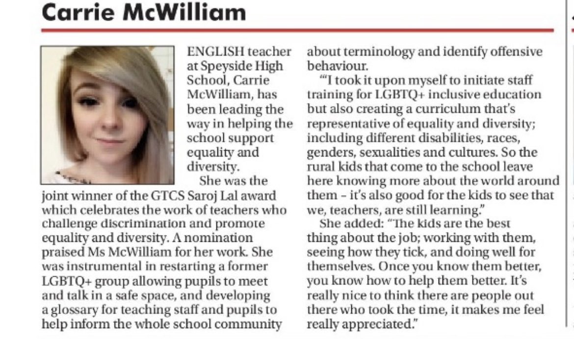 MissMcWilliam's tweet photo. Exciting news; I’ve been nominated for Moray Heroes Secondary Teacher of the Year 🥳 

Supporting pupils effectively and ensuring the curriculum is representative different walks of life is so rewarding. 

If you would like, you can vote  here: https://t.co/Wc2u3oVgb7 https://t.co/pQtku7aHTo