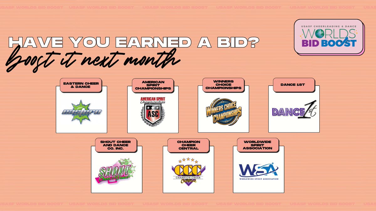 USASFcheer's tweet photo. It's not too late to boost your bid 🧡 Earn up to $100 per athlete at these Bid Boost events in April! Visit  https://t.co/r1Ccfq5u7o to check out future dates coming this season ➡️

#USASF #WorldsBidBoost #RoadtoDanceWorlds #RoadtoCheerWorlds #ThisIsAllStar https://t.co/jpTyWUOhCU