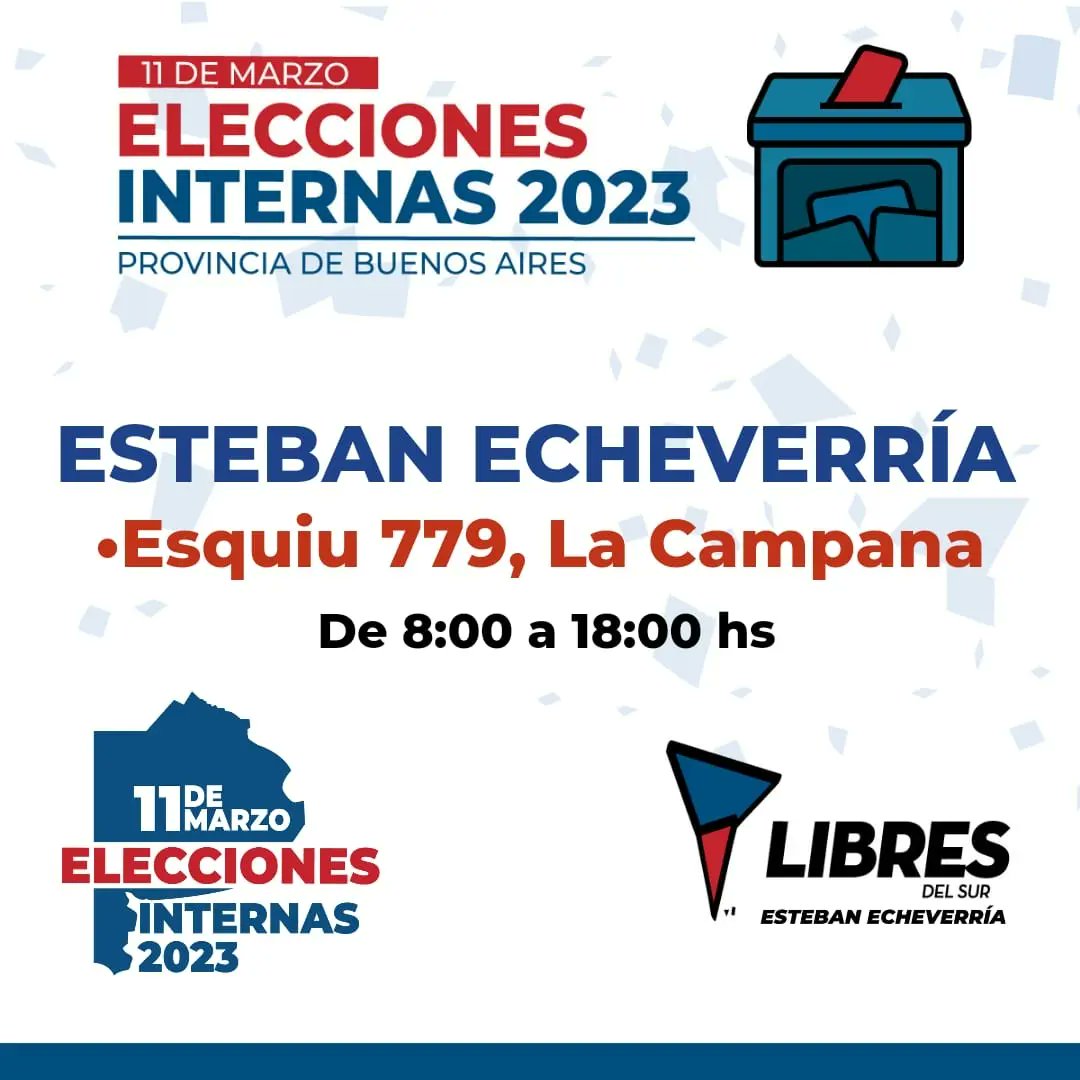 LibresdelSurTEE's tweet photo. El sábado 11 de Marzo te invitamos a participar de las elecciones partidarias internas de Libres Del Sur, acompáñanos a elegir a las autoridades dentro de cada distrito de la provincia de Buenos Aires, te esperamos de 08:00 a 18:00.
Para más info visité:
https://t.co/rTisuRCUOl https://t.co/bPgHXIydRp