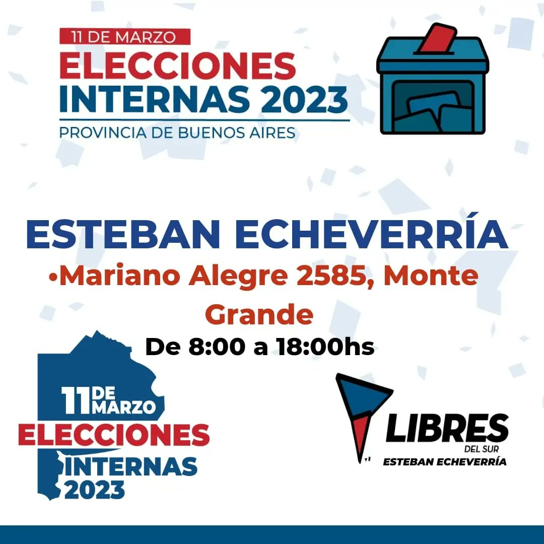 LibresdelSurTEE's tweet photo. El sábado 11 de Marzo te invitamos a participar de las elecciones partidarias internas de Libres Del Sur, acompáñanos a elegir a las autoridades dentro de cada distrito de la provincia de Buenos Aires, te esperamos de 08:00 a 18:00.
Para más info visité:
https://t.co/rTisuRCUOl https://t.co/bPgHXIydRp