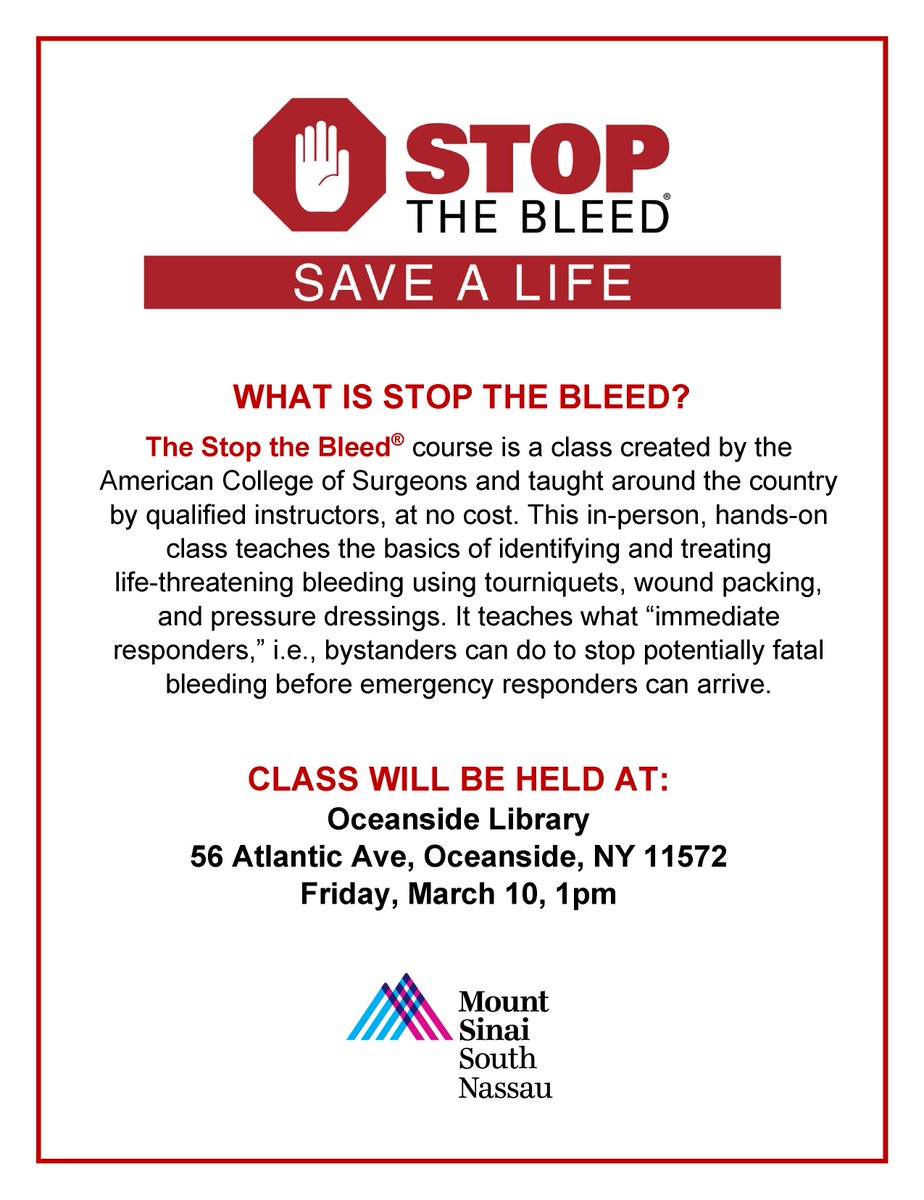 We're hosting a Stop the Bleed® class at the Oceanside Library (56 Atlantic Ave, Oceanside, NY 11572) on Friday, March 10th at 1pm. This in-person, hands-on class teaches the basics of identifying and treating life threatening bleeding.