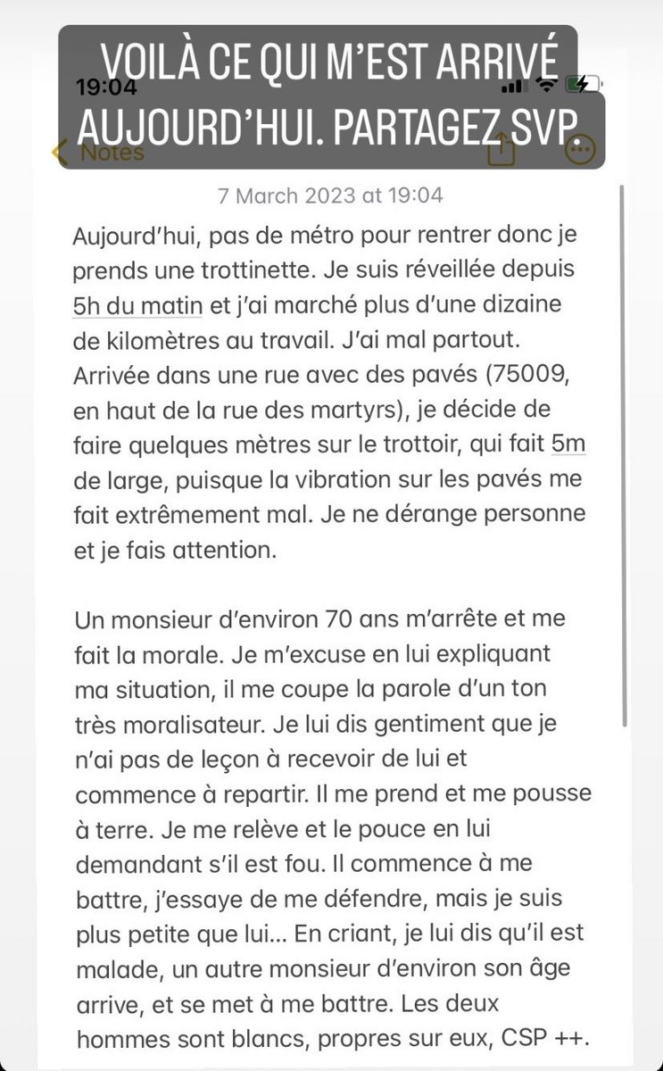 awaii_desu's tweet image. Une amie s’est faite agressée aujourd’hui en rentrant du travail à Paris en haut de la rue des martyrs
Les 2 hommes n’ont pas été retrouvé
Si vous avez été témoin de la scène ou que vous avez des infos mes DM sont ouverts
On peut pas laisser passer ça
#agression #greve7mars