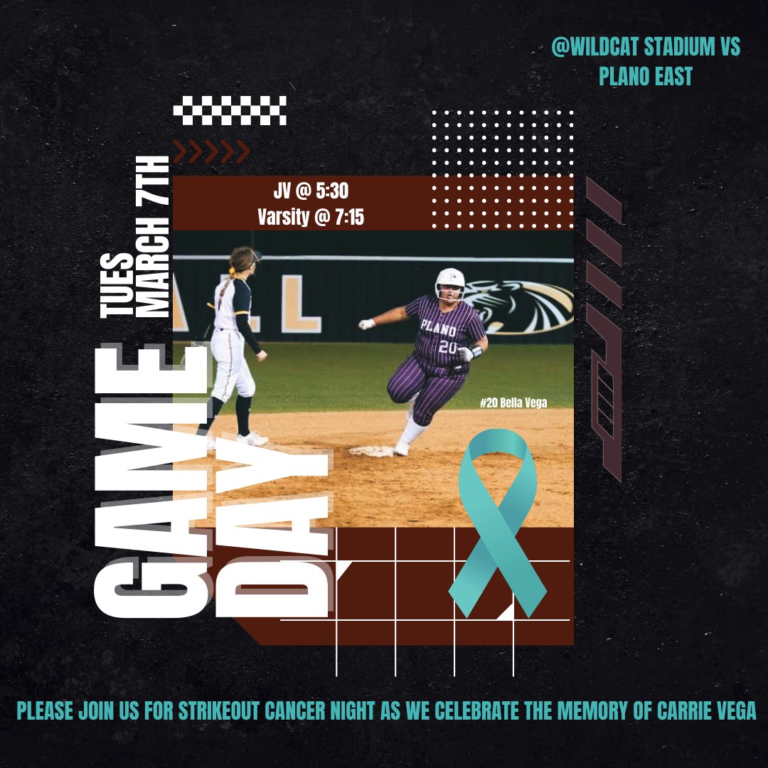 planosoftball's tweet photo. It’s Game Day! Please come out tonight and join us for Strike Out Cancer Night as we celebrate the memory and legacy of Carrie Vega. Your Wildcats will be taking on the Plano East Panthers at home! JV plays at 5:30 and Varsity plays at 7:15! It’s a great day to be a Wildcat! https://t.co/RDIwCfQPMq