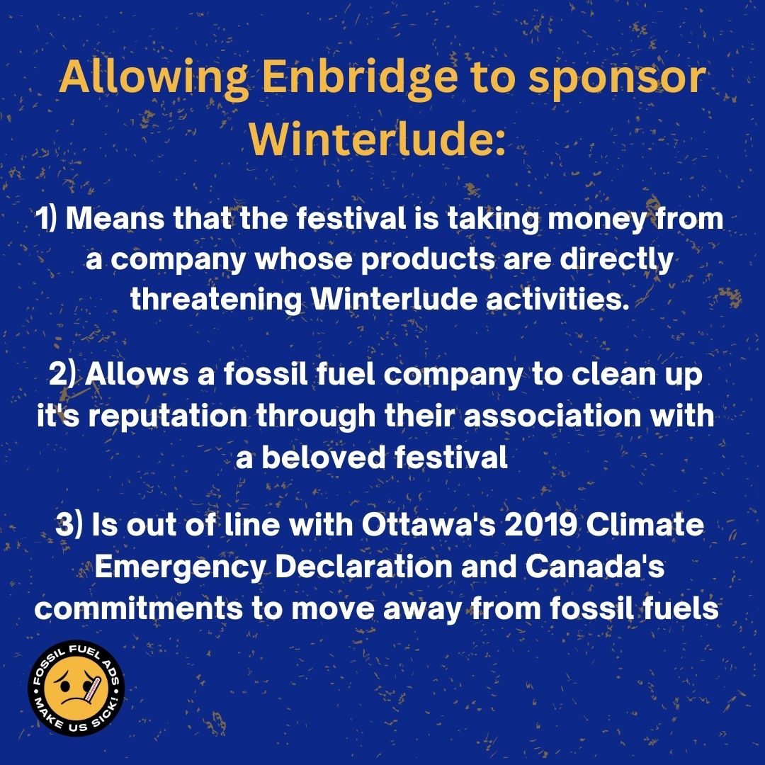 lev_jf's tweet photo. The Rideau Canal won't open for the first time ever, due to rising temps. 

Giant climate polluters like Enbridge are causing this - they shouldn't be sponsoring #Winterlude. 

Tell #MyOttawa to drop Enbridge as a sponsor here:
https://t.co/1ghMtyg4VP

#StopFossilFuelAds https://t.co/wqjzrGBJXK