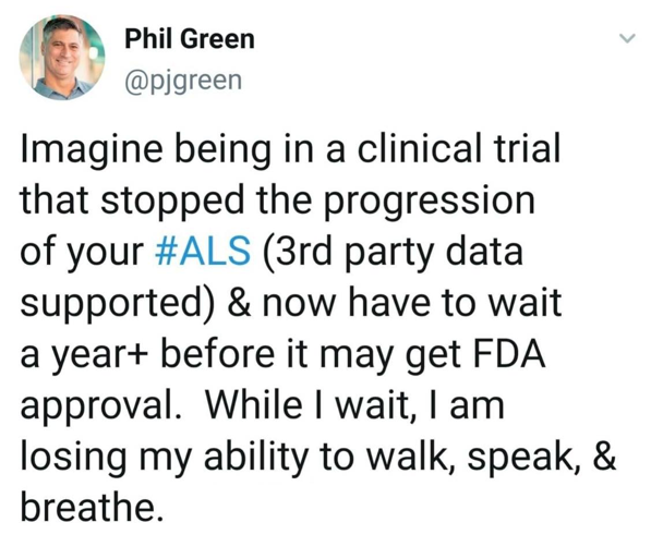 aVoice4ALS's tweet photo. 3+ yrs ago, @pjgreen asked for urgency in getting #DrugsInBodies
๐นIn P3 & EAP, he knows #NurOwn works on #ALS
๐น@FDACBER didn't listen to #patientexperiences, now Phil's lost function is a #TypeII error
@DrCaliff_FDA
When will regulators start acting on #ALSclock?
#BENEFITact https://t.co/sHmsOG3kO3