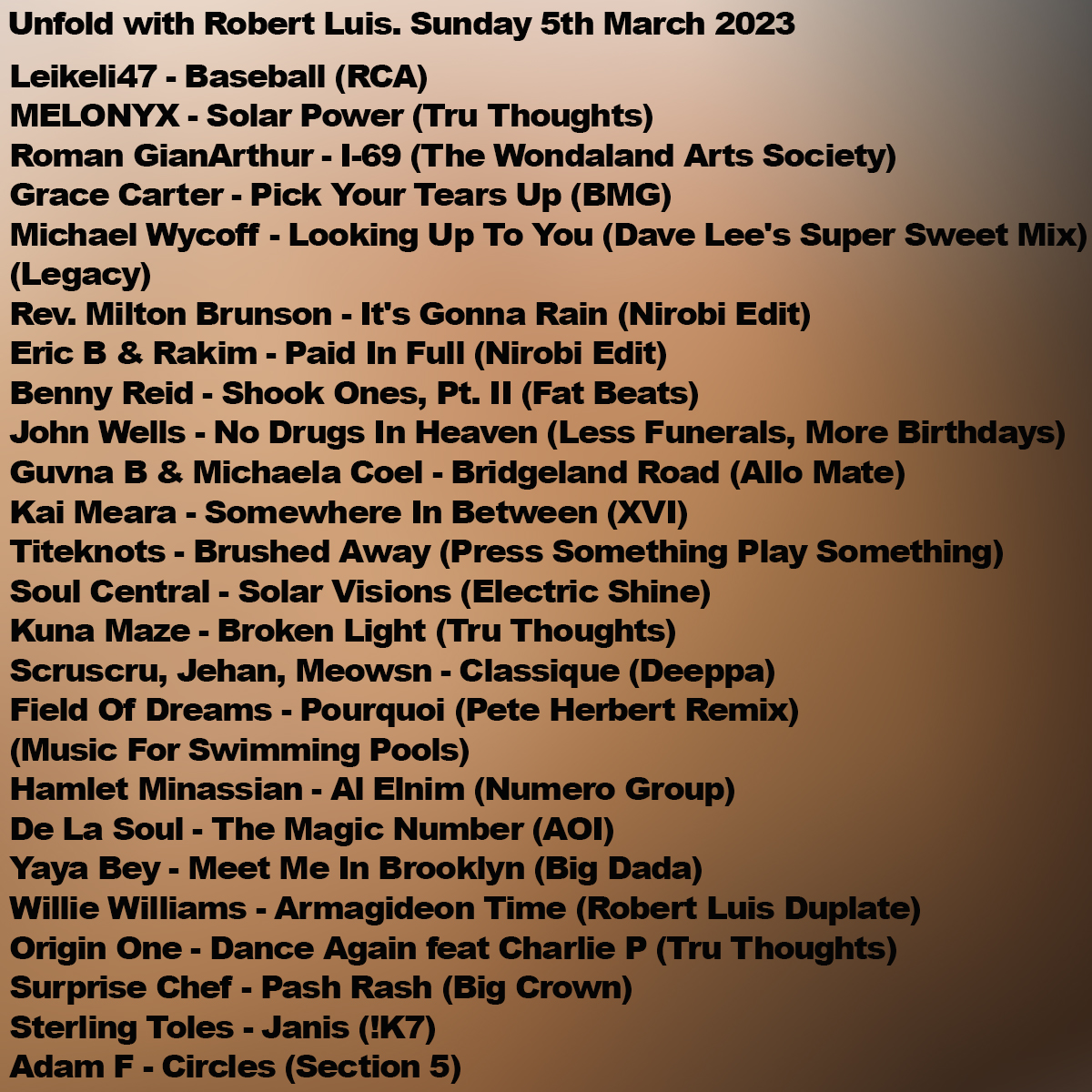 ROBERT LUIS - Tru Thoughts (@robertluis) on Twitter photo Unfold Radio with <a href="/itsgracecarter/">Grace Carter</a> <a href="/melonyxmusic/">melonyxmusic</a> <a href="/RomanGianArthur/">Roman GianArthur</a> @daveleezr <a href="/EricBandRakim/">Eric B and Rakim</a> <a href="/bennyreid/">bennyreid</a> <a href="/fatbeats/">Fat Beats</a> <a href="/johnwells__/">luck</a> <a href="/GuvnaB/">GUVNA B</a> <a href="/MichaelaCoel/">Michaela Coel</a> <a href="/kai_meara/">Kai Meara</a> @XVIRecords <a href="/titeknots/">Titeknots</a> <a href="/KuNaMaze/">KuNa Maze</a> <a href="/numerogroup/">numerogroup</a> <a href="/WeAreDeLaSoul/">De La Soul</a> <a href="/yayabeybay/">Midas</a> <a href="/bigdadarecords/">Big Dada</a> <a href="/OriginOneMusic/">Origin One</a> <a href="/surprise_chef/">Surprise Chef</a> Unfold Radio with <a href="/itsgracecarter/">Grace Carter</a> <a href="/melonyxmusic/">melonyxmusic</a> <a href="/RomanGianArthur/">Roman GianArthur</a> @daveleezr <a href="/EricBandRakim/">Eric B and Rakim</a> <a href="/bennyreid/">bennyreid</a> <a href="/fatbeats/">Fat Beats</a> <a href="/johnwells__/">luck</a> <a href="/GuvnaB/">GUVNA B</a> <a href="/MichaelaCoel/">Michaela Coel</a> <a href="/kai_meara/">Kai Meara</a> @XVIRecords <a href="/titeknots/">Titeknots</a> <a href="/KuNaMaze/">KuNa Maze</a> <a href="/numerogroup/">numerogroup</a> <a href="/WeAreDeLaSoul/">De La Soul</a> <a href="/yayabeybay/">Midas</a> <a href="/bigdadarecords/">Big Dada</a> <a href="/OriginOneMusic/">Origin One</a> <a href="/surprise_chef/">Surprise Chef</a>
