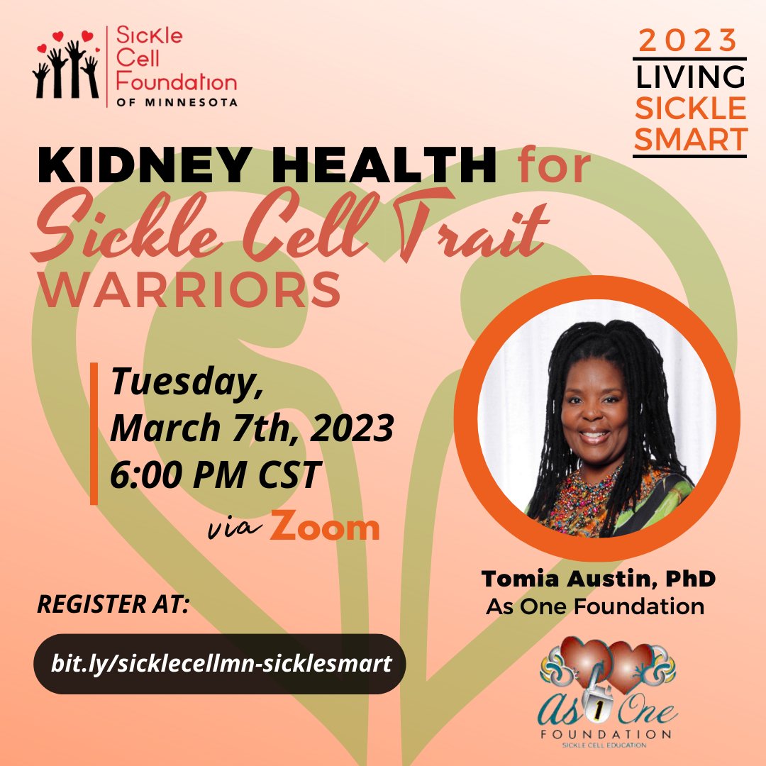 SickleCellMN's tweet photo. KIDNEY HEALTH FOR SICKLE TRAIT WARRIORS
March is #Kidney #Health awareness month and were joined by Dr. Tomia Austin and @AsOneFoundation.
🗓 Tue 3/7
⏰️ 6pm CT / 7pm ET
💻 https://t.co/GpJ42WnSJE
💫 Register in advance
#sicklecell #sickleSMART #sickletrait #trait https://t.co/IyWdyA7HtZ