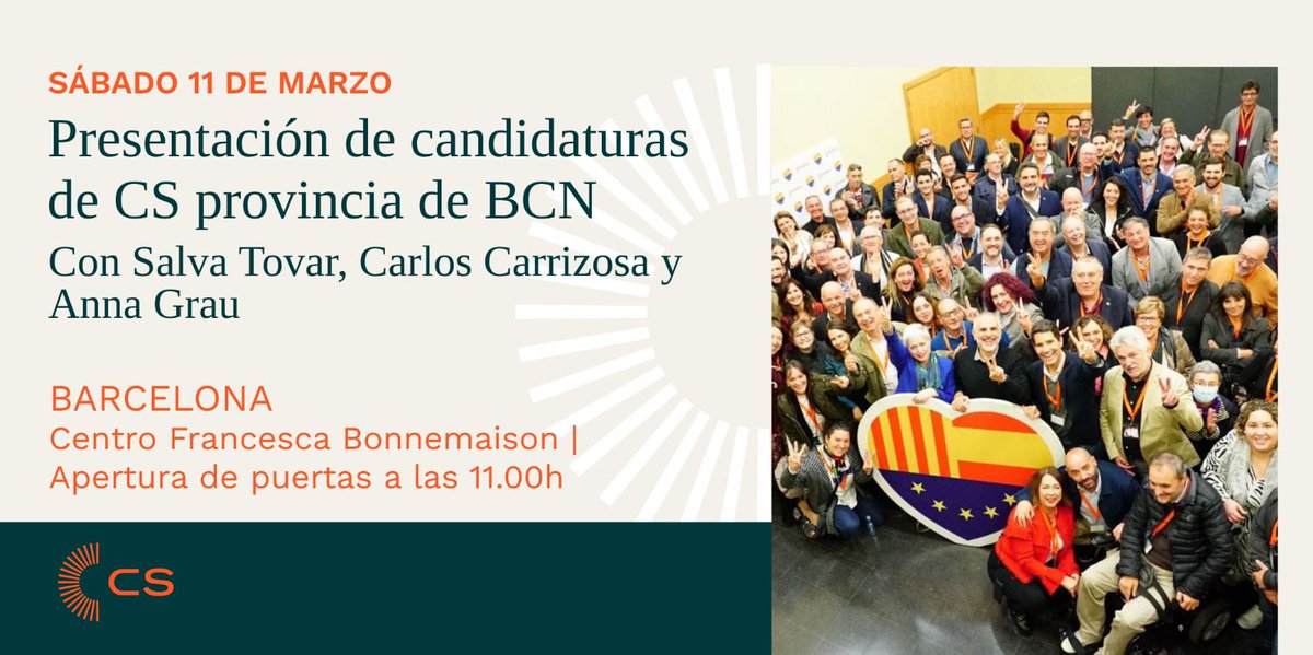 ‼️ Este sábado presentaremos a nuestros candidatos de la provincia de Barcelona ‼️

🗓️ Sábado 11 de marzo
⏰ 11h
📍 Centro Francesca Bonnemaison

🟠 Contaremos con la participación de <a href="/carrizosacarlos/">Carlos Carrizosa</a>, <a href="/annagrauarias/">Anna Grau</a> y @salvatciutadans 

‼️ Te esperamos ‼️