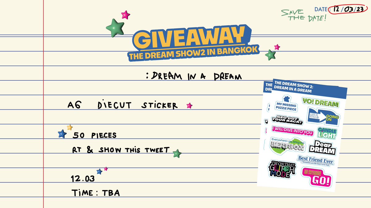 pydem_'s tweet photo. GIVEAWAY!

RT &amp; SHOW THIS TWEET

A6 diecut sticker - 50 pcs

Date : 12/03 (time:tba)
📍Impact Arena

by: @eternfranken @soploydem @tjnmk7 @nnxak07

#THEDREAMSHOW2_in_BKK
#NCTDREAM_THEDREAMSHOW2_in_BKK https://t.co/8xj3Ya4Suo