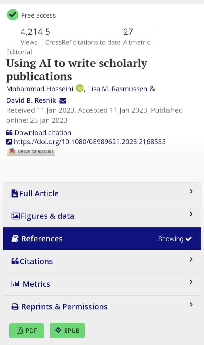 NullaAcademia's tweet photo. Using AI to write scholarly publications (2023) Mohammad Hosseini, Lisa M. Rasmussen &amp; David B. Resnik [pdf-epub]
https://t.co/Uxng8JplOu https://t.co/Xl87gDz2AW