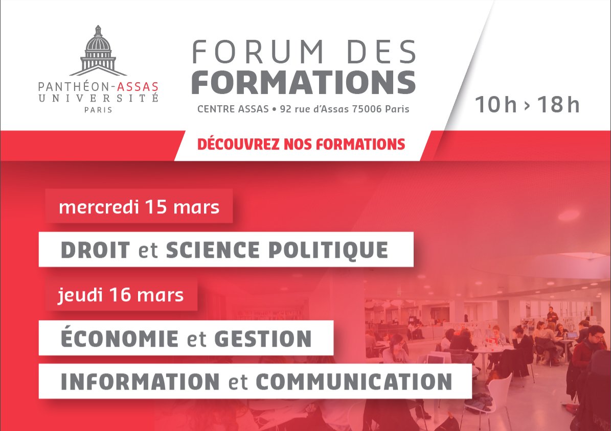 AssasUniversite's tweet image. (1/3) Venez découvrir l’offre de formation en Master d'@AssasUniversite lors du Forum des formations
🗓️ 15 et 16/03
⏰ 10h à 18h
📍 Centre Assas
Rendez-vous nombreux👉 forum-formations.u-paris2.fr
#AssasUniv #FormationAssas #LicenceAssas #MasterAssas #orientation