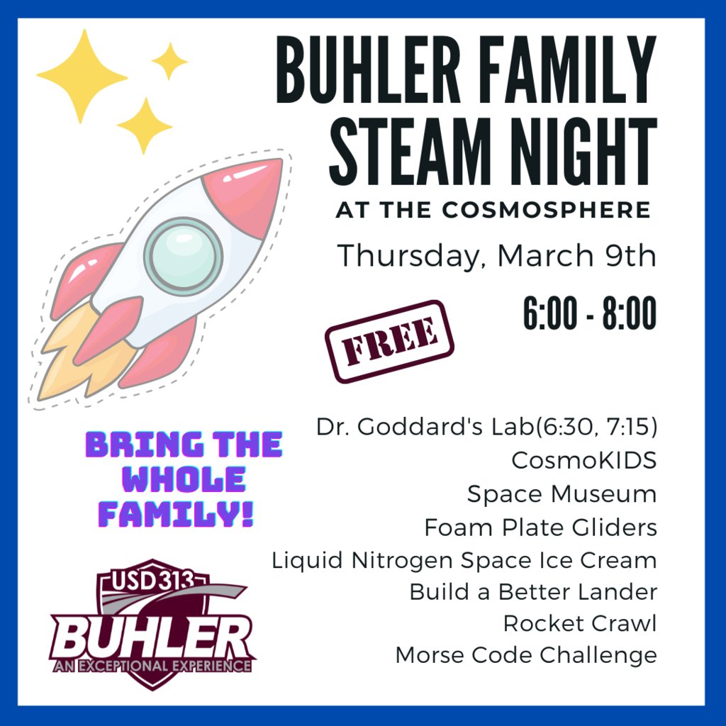 Don't forget to join us THIS THURSDAY for STEAM Family Night at the Cosmosphere! Doors will open for activities at 6:00 with Dr. Goddard's Lab shows at 6:30 and 7:15

Last year was a BLAST! We can't wait to see you!