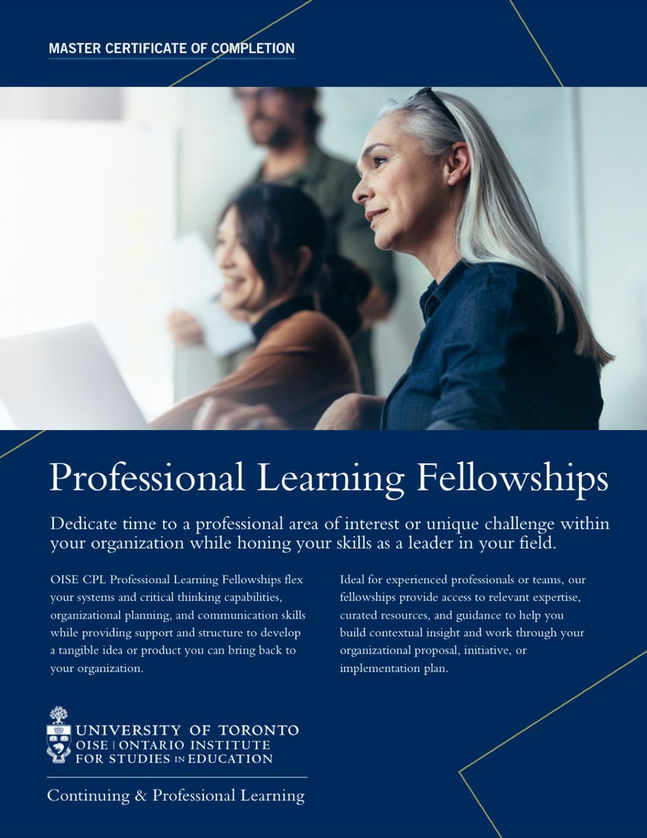 .<a href="/OISE_CPL/">OISE CPL</a> Professional Learning Fellowships flex your systems &amp; critical thinking capabilities, organizational planning &amp; communication skills, while providing support to develop a tangible idea you can bring back to your organization—learn more &amp; apply:
cpl.oise.utoronto.ca/program_area/p…