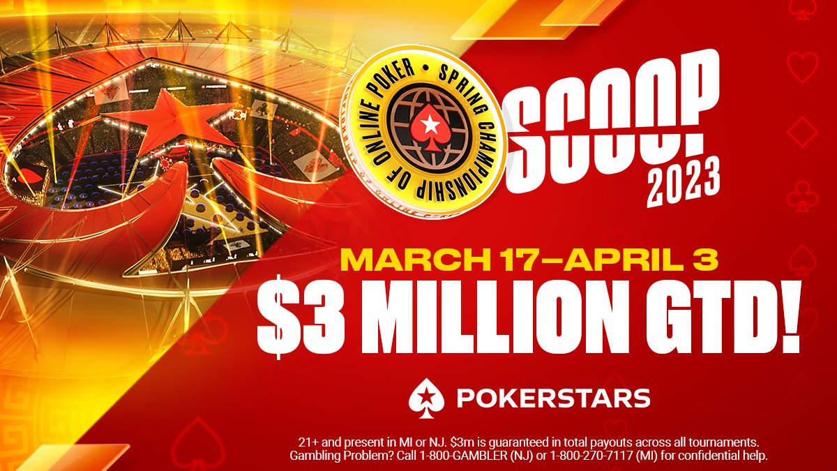 PokerStarsUSA's tweet photo. 🥳 Get ready for #SCOOP in MI/NJ 🎉

4️⃣ 2️⃣ events: each with a low, medium and high
💵 buyins from $10 to $2500
🎟️ Satellites as low as $1 🎟️
2-Day Main event on Apr 2nd 💰 $300k GTD
Phase tourneys start today 🥳
40+ 🏆 opportunities

Which level of games do you plan to play? ⬇️ https://t.co/z9J2nzYXgr