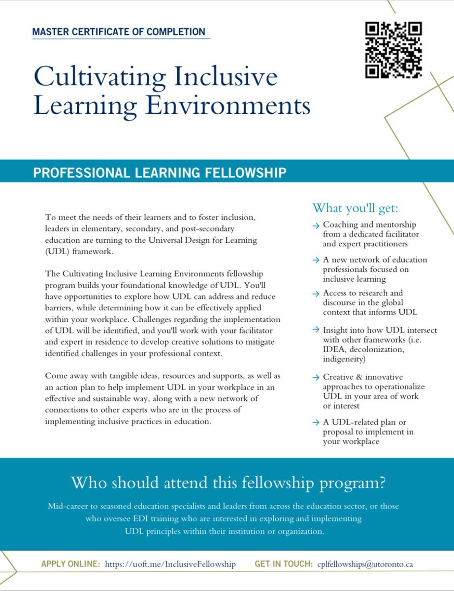 Joe Romano (@joeromano) on Twitter photo Are you a PK-12 or Post-Secondary Education Specialist/Leader who wants to provide inclusive, equitable & accessible learning environments w/in your organization?
Learn how <a href="/OISE_CPL/">OISE CPL</a>’s “Cultivating Inclusive Learning Environments” Fellowship can support: cpl.oise.utoronto.ca/program_certif… Are you a PK-12 or Post-Secondary Education Specialist/Leader who wants to provide inclusive, equitable & accessible learning environments w/in your organization?
Learn how <a href="/OISE_CPL/">OISE CPL</a>’s “Cultivating Inclusive Learning Environments” Fellowship can support: cpl.oise.utoronto.ca/program_certif…
