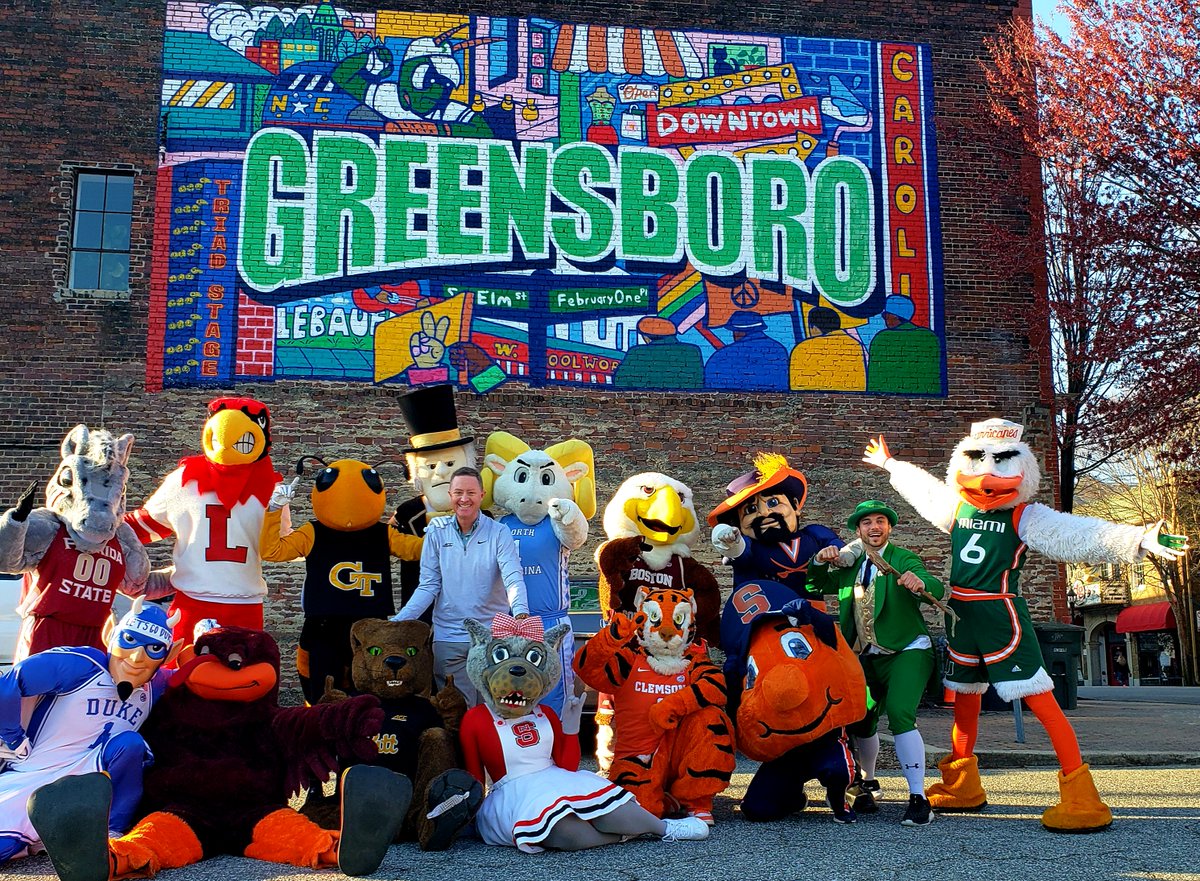 NCSportsHOF's tweet photo. Our Executive Director welcomes the #ACCMBB mascots to @greensborocity for the tournament. https://t.co/c5TwQBb6Uh