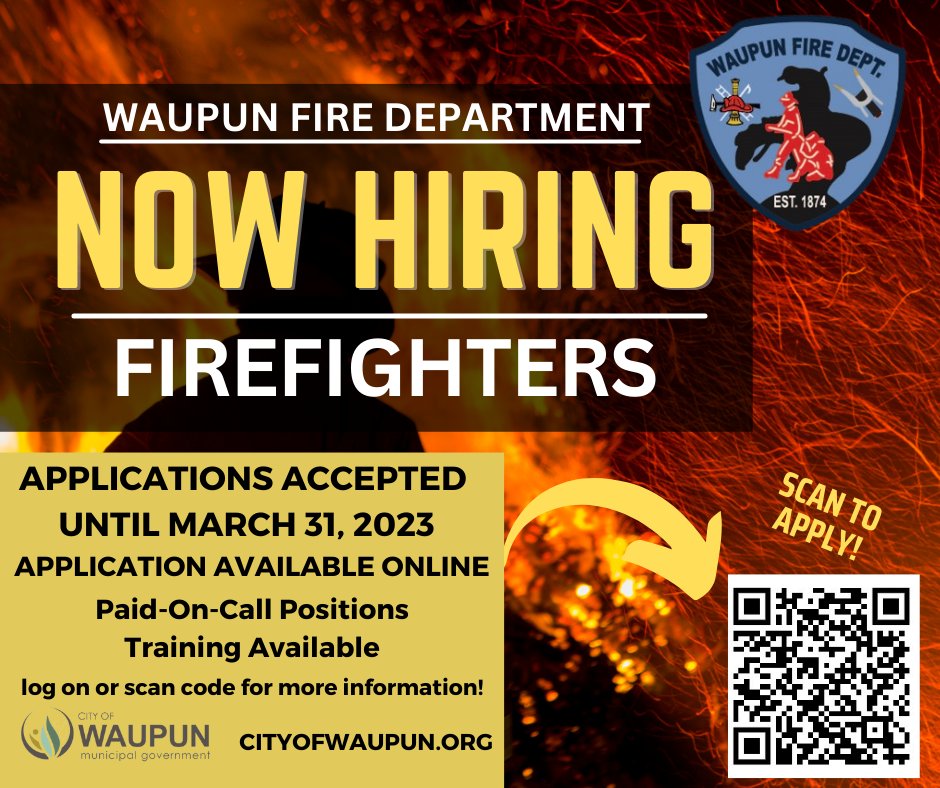 WaupunFire's tweet photo. Do you have a passion for helping others and want to make a positive impact in the community? Then this is an opportunity for you! These Paid-On-Call positions require no previous fire or EMS experience and all training is provided. Applications are due March 31, 2023. https://t.co/iWMqLsBV8L