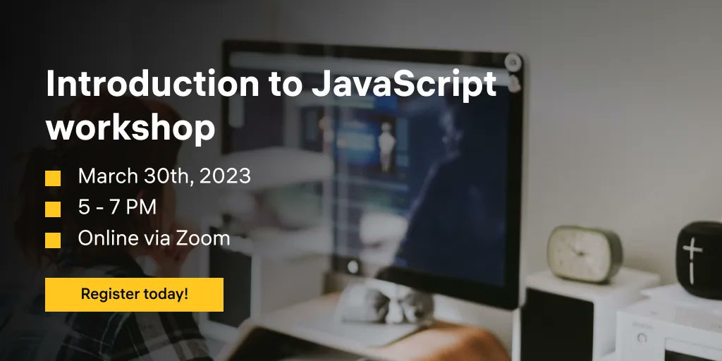 _CO_Academy's tweet image. Have you ever wanted to learn how to code with JavaScript? Now&apos;s your chance! Join us for our Introduction to JavaScript workshop on Thursday, March 30th from 5-7 PM! 🤖🚀
Sign up here buff.ly/3Ztfu1Y and reserve your spot! 🎉

#JavaScriptWorkshop #ForBeginners