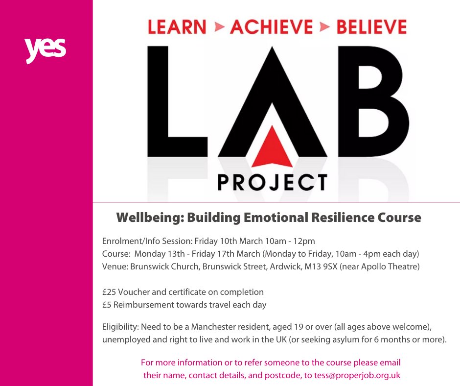 yesMCR's tweet image. LAB Wellbeing: Building Emotional Resilience

LAB is a dynamic and creative theatre company that run short courses to build confidence and self-belief. These courses are funded by Manchester Adult Education Service.

Come along and enrol this Friday...