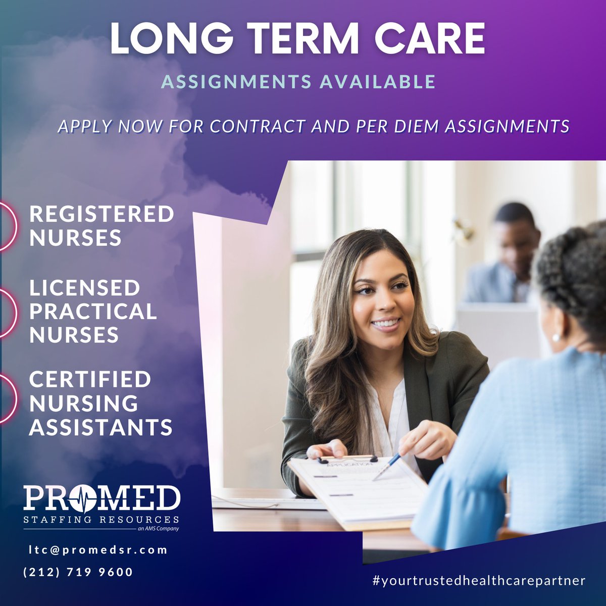 ProMed Staffing Resources has the perfect #opportunity for you! Join our #talented and #compassionateteam and provide quality care - apply today via email at ltc@promedsr.com

#longtermcare #longtermcarefacilities #longtermcarerecruiting #nyc #nycjobs #assistedliving #promedsr
