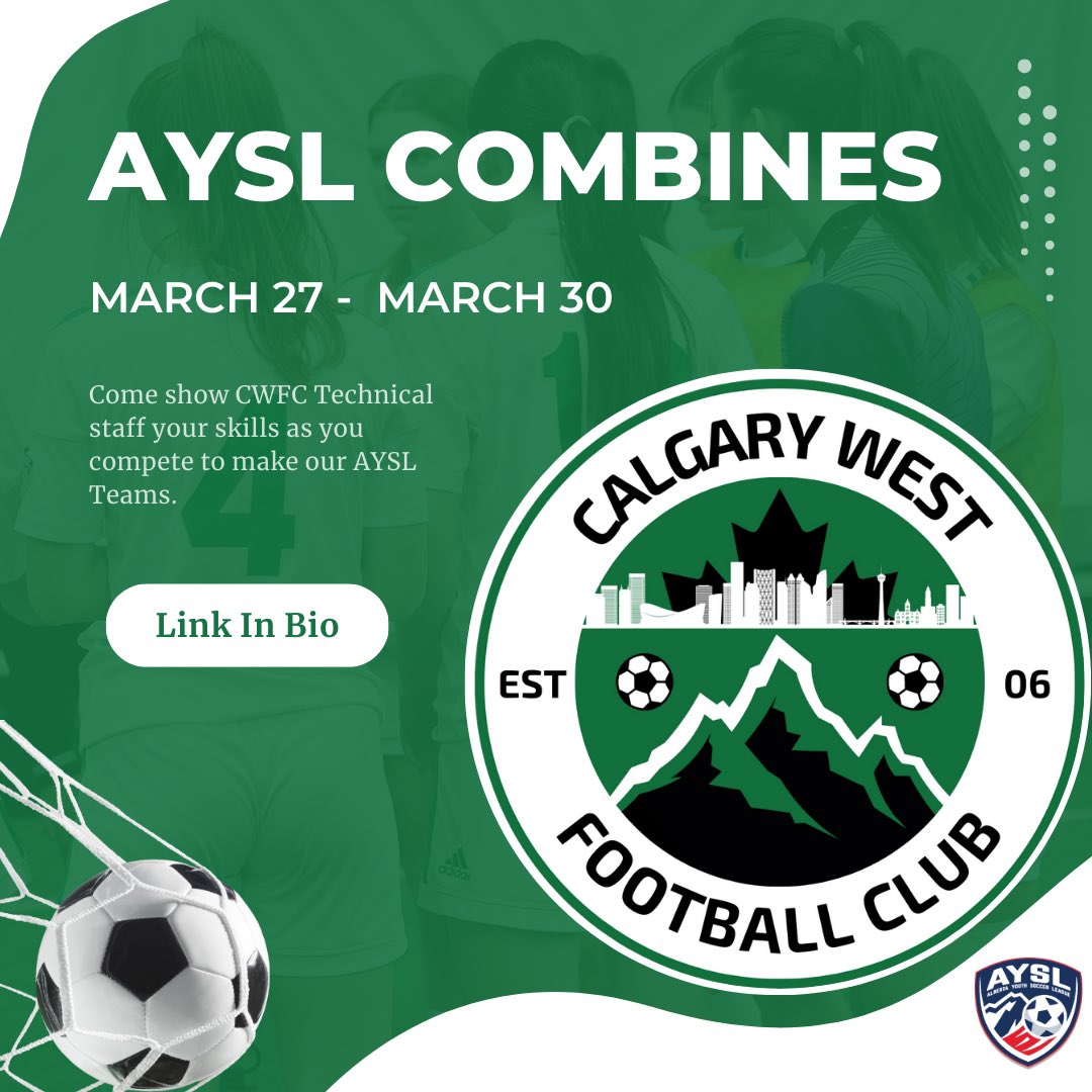 CalgaryWest_SC's tweet photo. Think you have what it takes to play at the AYSL Level!? Join one of our combines for your chance to shine! 

https://t.co/GG635ZbyDW https://t.co/1EwC3Gb3kM