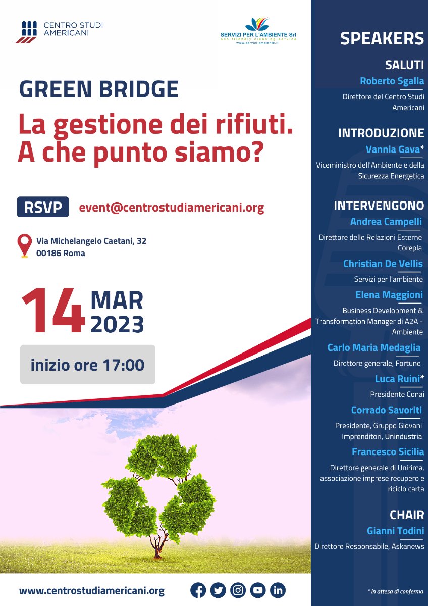 Il #14marzo presso il <a href="/centrostudiusa/">CentroStudiAmericani</a> si terrà l'evento "La gestione dei rifiuti. A che punto siamo?"

⤵️
takethedate.it/tutti-gli-even…

<a href="/VanniaGava/">Vannia Gava</a>