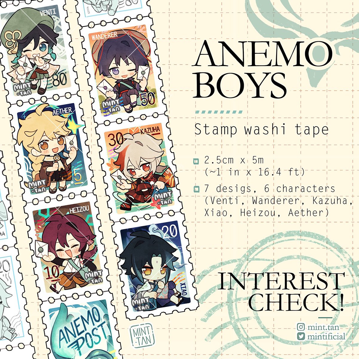 Anemo boys postmen Washi stamp tape - finished preview🌟
Real sample pics in the replies!
-
Hopefully this will be debuting in CF16, Doujima SG, and my online st0re around May~ 
#venti #scaramouche #kazuha #xiao #heizou #aether https://t.co/rK5T1AOWtg 