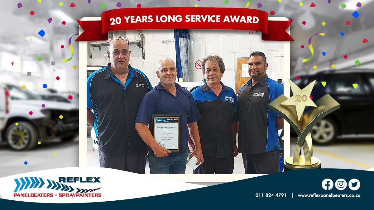 RPanelbeaters's tweet photo. MARIO SANTOS completed #20years #longservice. Thanks for #quality of work &amp; #dedicated #service. Keegan (far r) thanks Mario for #mentoring him when he was a #panelbeating #apprentice. (Mgr Carlos Pereira (r) &amp; Carlos Pataco (l) respectively) #spraypainters #autorepair #carrepair https://t.co/ANh1pzLbyb
