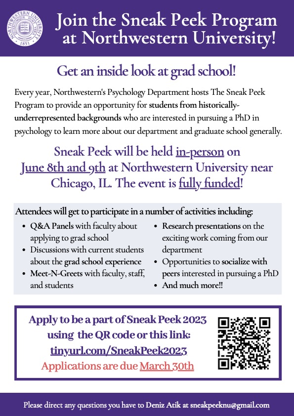 Seb (@sebnemture) on Twitter photo Applications for <a href="/NorthwesternU/">Northwestern</a> Psychology's Sneak Peak program are now open! An opportunity for students from historically underrepresented backgrounds to get a sneak peek of PhD in psychology! <a href="/PsychChatter/">Psych Chatter</a> <a href="/NextGenPsych/">NextGen Psych Scholars Program</a> <a href="/PsychinOut/">PsychinOut 🧠</a>
Apply at:
tinyurl.com/SneakPeek2023 ⬇️ Applications for <a href="/NorthwesternU/">Northwestern</a> Psychology's Sneak Peak program are now open! An opportunity for students from historically underrepresented backgrounds to get a sneak peek of PhD in psychology! <a href="/PsychChatter/">Psych Chatter</a> <a href="/NextGenPsych/">NextGen Psych Scholars Program</a> <a href="/PsychinOut/">PsychinOut 🧠</a>
Apply at:
tinyurl.com/SneakPeek2023 ⬇️