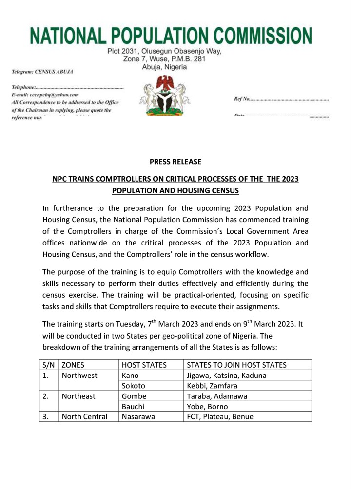 National Population Commission on Twitter "PRESS RELEASE NPC trains